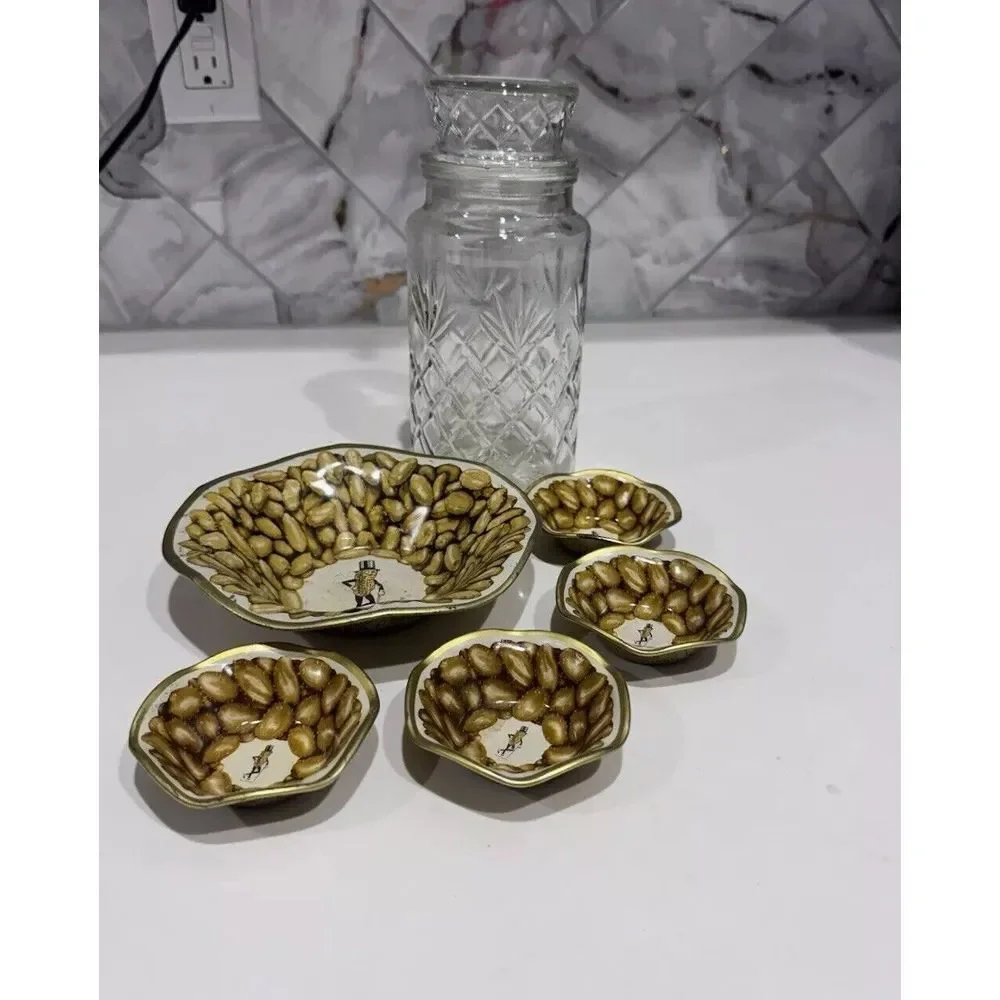 Vintage Planter's Peanuts Lot With Diamond Pattern Glass Jar And Serving‎ Bowls